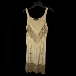 Raya Sun Tan and Brown Dress, Embroidered, Large, Boho